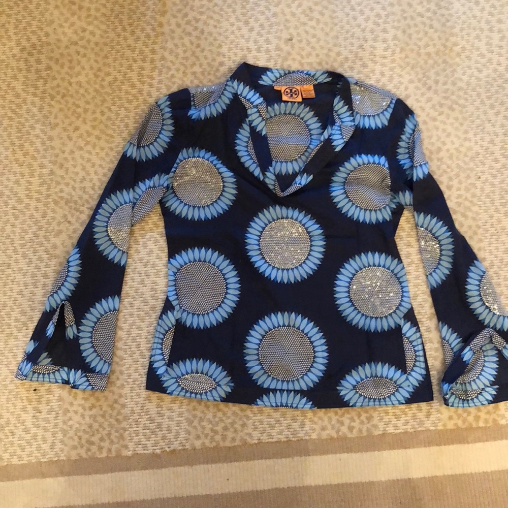 Tory Burch blue floral sequin v-neck tunic top